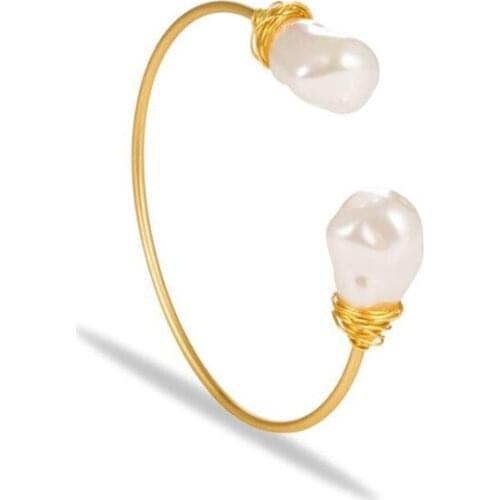 FYJS Unique 10 Pcs Light Yellow Gold Color Irregular Shape Imitation Pearl Open Bangle for Women Jewelry