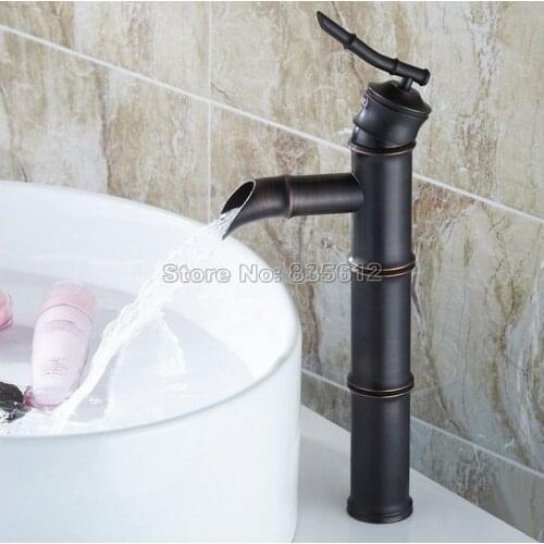 Classic Black Oil Rubbed Bronze Single Hole Deck Mounted Bamboo Style Bathroom Faucet Vessel Sink Waterfall Mixer Taps Wnf165