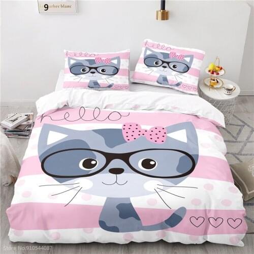 Lovely Cartoon Cats Bedding Set Children Printed Duvet Cover Set Pillowcase Boys Girls Kids Bedclothes Twin Full Queen King Size