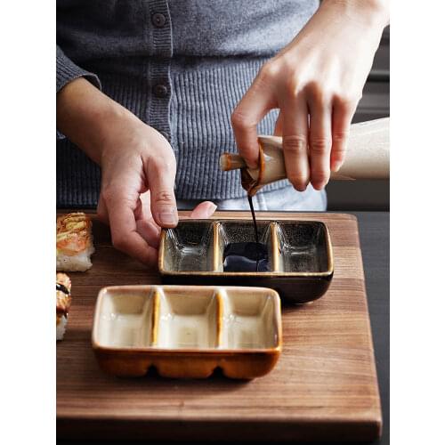 LUOKING Creative Ceramic Japanese-Style Three-Grid Sauce Dish Restaurant Sushi Seasoning Dish Rectangular Household Saucer Dish