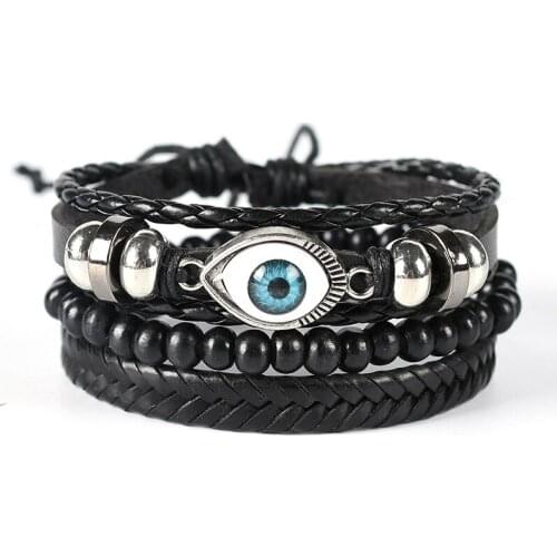 Fashion Wristband Charm Bracelet Magic Eye Leather Bracelet Genuine Leather Set Bead Bracelet Evil Eye Charms for Jewelry Making