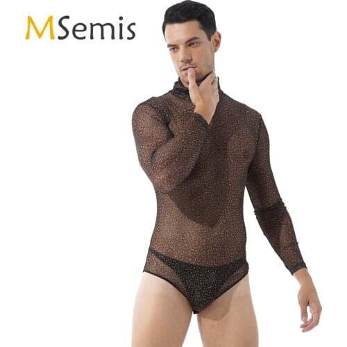Mens Lingerie See-through Mesh Rompers Playsuits Fashion Leopard Print Turtleneck Bodysuit Leotard Sexy Streetwear Clubwear