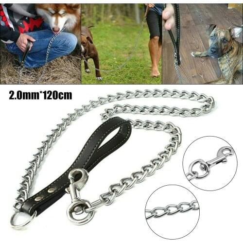 2021 New Heavy Duty Metal Chain Dog Lead With Leather Handle Long Strong Control Leash Correa Para Mascotas