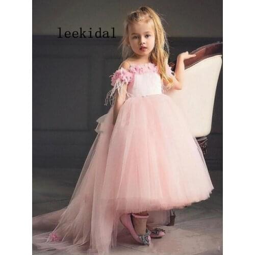 New Coming Flower Girl Dress with 3D Floral Appliques Beading Feathers Cap Sleeves Open Back Custom Made For Elegant Girls