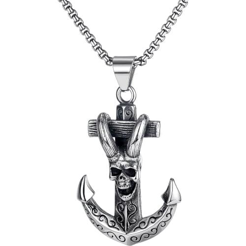 Gothic Retro Skull Shofar Anchor Pendants Men Necklaces Punk Rock Stainless Steel Hip Hop Jewelry Aesthetic Accessories Necklace