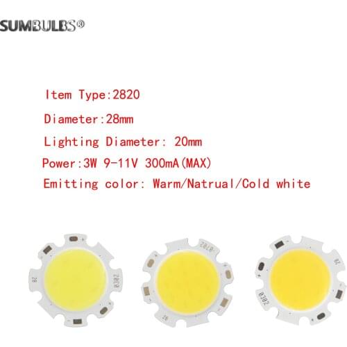 10PCS SUMBULBS 2820 3W 9V 300mA Round COB LED Light Source 28mm diameter Circular warm natural cold white LED for spotlight