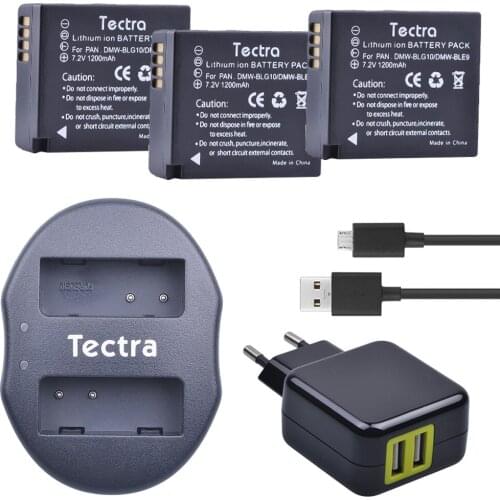 Tectra 3Pcs DMW-BLG10 DMW-BLE9 BP-DC15 Bateria + USB Dual Charger with AC Adaptor for Panasonic LUMIX GF5 GF6 GX7 LX100 GX80