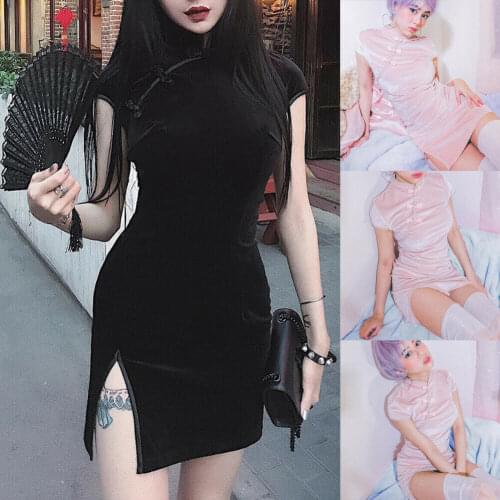 Dark Women Dress Cheongsam Chinese Style Skinny Mini Dress Streetwear Sexy Vintage Harajuku Summer Slim Clothing