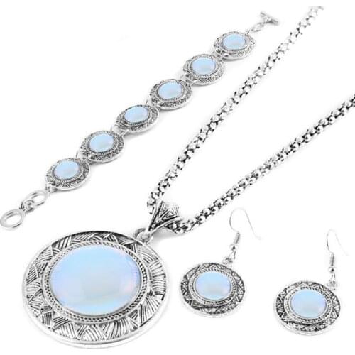 FYJS Unique Silver Plated Round Pendant Opalite Opal Necklace Dangle Earrings for Women Bracelet Vintage Jewelry Sets
