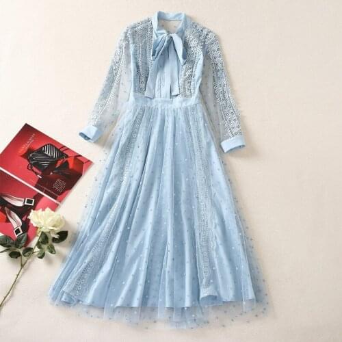 European and American womens wear for summer 2021 Long sleeve bow collar Fashion lace mesh polka dot dress