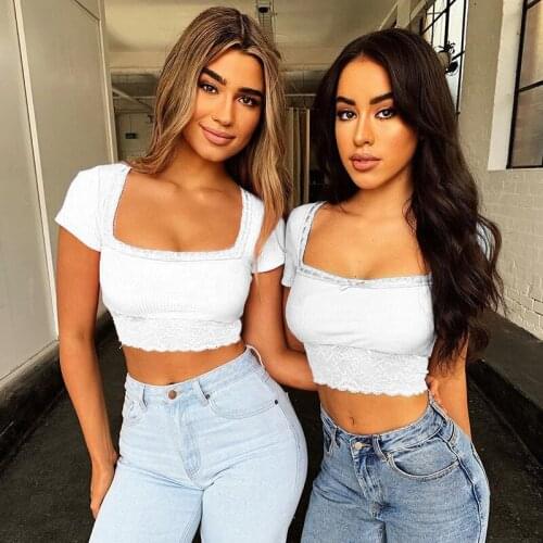 Women Sexy Lace Stitching Crop Tops Female Summer Square Neck Short Sleeve Slim White Black T-shirt Streetwear