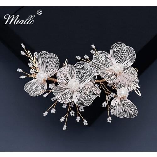 Miallo Pearl Bridal Wedding Hair Accessories Gold Color Flower Headband for Women Hair Pins Bride Headpiece Jewelry Gifts