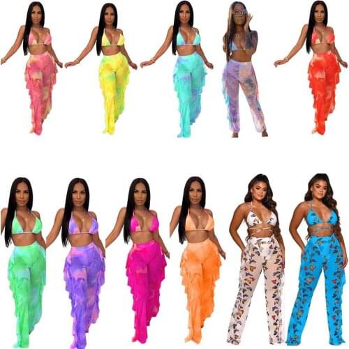 2019 women new summer tie dye print halter v-neck top ruffles splicing pants suit two piece set beach tracksuit outfit GLY5117