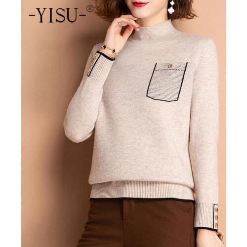 YISU Women Sweater Solid color Half turtleneck Casual Jumper Thicken Knitted pullover Winter Plus velvet Warm Sweater Female
