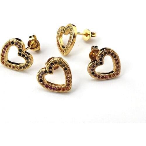 10 Pairs Rainbow cz colorful Heart shape gold color stud earring,Micro Pave Zirconia CZ Crystal Charms women Jewelry ER909