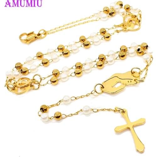 AMUMIU Virgin Mary Beads New Trendy Cross Pendant Rosary Necklace For Men Women High Quality Religious Jewelry N014