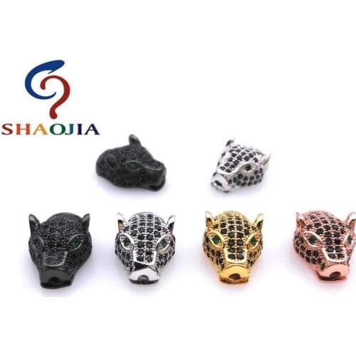 SHAOJIA Leopard Head Beads Copper Black Zircon Charm Beads Pave CZ Cubic Zirconia Spacer Beads Fitting Bracelet Jewelry Findings