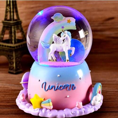 Unicorn Crystal Ball Music Box Pink Girl Star Moon Rainbow Unicorn Glowing Snowflakes Music Box Home Decoration Desktop Ornament