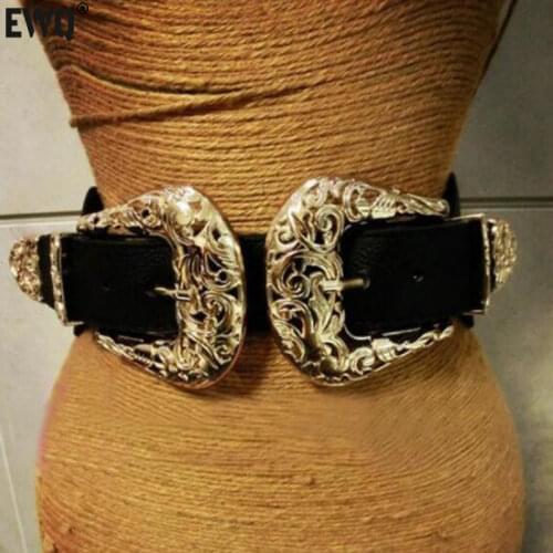[EWQ] Fashion Female Vintage Strap Metal Pin Buckle Leather Belts Women Elastic Designer Sexy Gold Hollow Out Wide Waist Belts