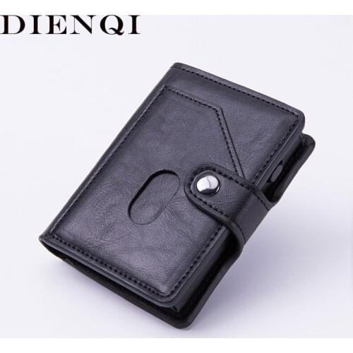 DIENQI Rfid Metal Men Magic Wallet Leather Business Travel Purse Male Short Hand Push Card Case Classic Vintage Purse For Card