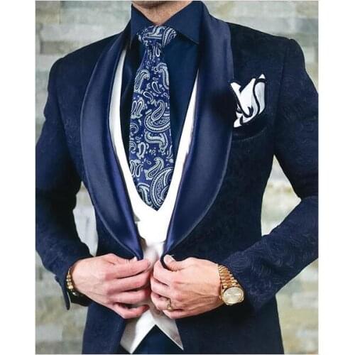 Handsome Groomsmen Embossing Groom Tuxedos Mens Wedding Dress Man Jacket Blazer Prom Dinner (Jacket+Pants+Tie+Vest) A18