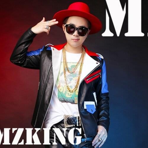 Large size 2020 New Jackets Mens Slim Male Dj Male Singer Red Blue Stitching Leather Motorcycle Jacket Coat Costumes Clothing