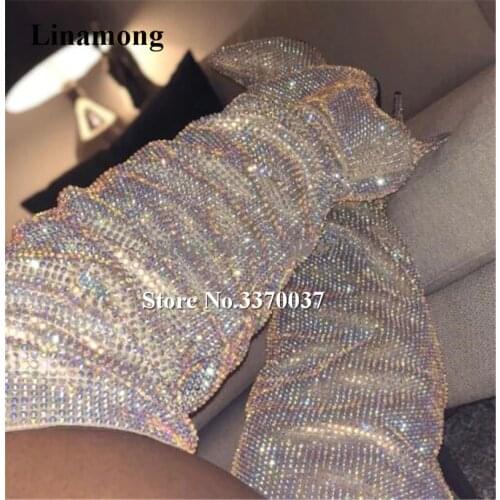 Newest Bling Bling Pointed Toe Rhinestone Thin Heel Over Knee Boots Ladies Shining Crystal High Heel Boots Wedding Club Shoes