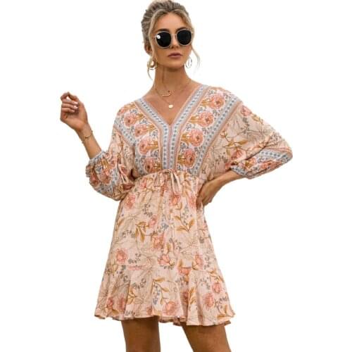 A-Line Bohemian Floral Print Mini Dress Lace Up Backless Elegant Womens Summer Dress For Praty Night Robe Femme Vestidos Mujer