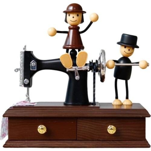 1PC Romantic Couple Musical Box Sewing Machine Shape Ornament Resin Music Box Creative Melody Box Festival Gift