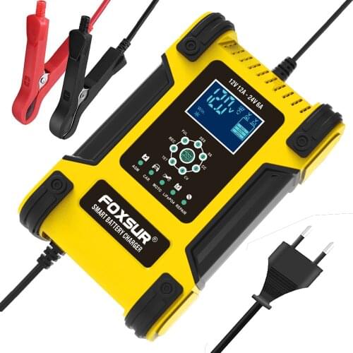 FOXSUR 12V24V 12A Automatic Pulse Repair Touch Screen Battery Charger, 7-stage Car Battery Charger for GEL WET AGM Battery