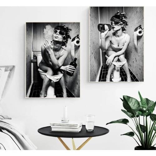 Modern Black White Sexy Drinking and Smoking Woman Poster and Prints Canvas Painting Wall Art Picture for Living Room Home Decor