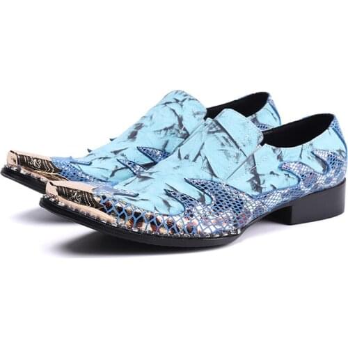 Shoes Men Original Genuine Leather Elegant Blue Dress Wedding Shoes Formal Office Oxford Metal Head Slip On Flat Calzado Hombre