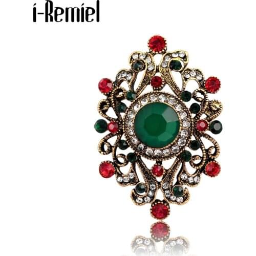 Vintage Red Green Waterdrop Flower Brooches Women Rhinestone Badge Jewelry Party Office Casual Brooch Pins for Backpacks Gifts
