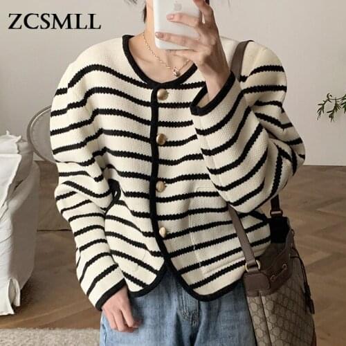 ZCSMLL Korean Temperament Contrast Color Stripe Design Metal Single-breasted Loose Long-sleeved Knitted Cardigan Sweater Women