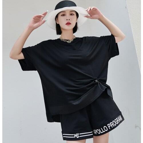 Ladies summer designer solid color personality drawstring dark street casual irregular short sleeve Tee