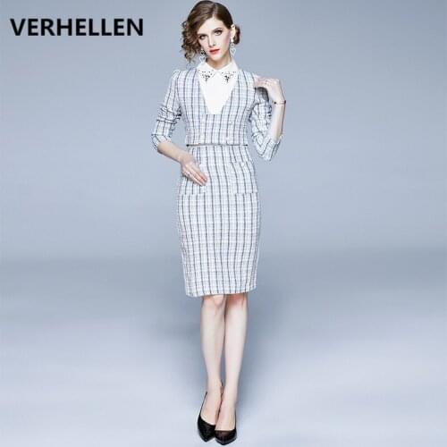 VERHELLEN High Quality 220 Spring Runway Womens Long Sleeve Double-breasted Jacket and Office Work Dress 2 Pieces Set For Women
