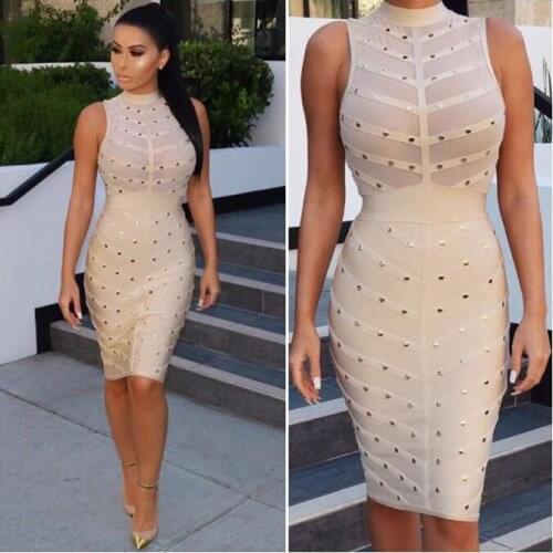 2016 Nail Beaded Mesh Studded Sexy Women Bodycon Knee Length Sleeveless Rayon Bandage Dresses Black Pink Red Green Blue