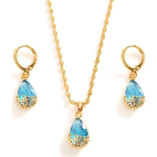 Gold cz crystal Waterdrop pendant necklace earrings Bridal jewelry sets for Women girl Wedding Party Jewelry Set gifts