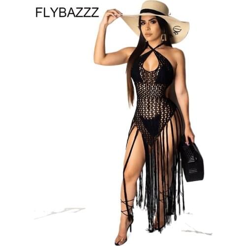 2018 Sexy Knitted Crochet Beach Cover Up Long Tassel Swimwear Hollow Beach Dress Bathing Suit Women Beach Tunic Saida de Praia