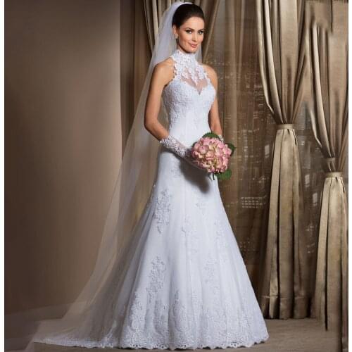 Halter Neckline Applique Lace A-line Dropped Waist Wedding Dress Illusion Back Sexy Bridal Dress vestidos de noiva sereia