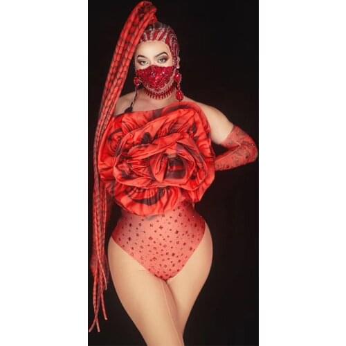 Red rose 3D Rhinestone crystal glove Bodysuit Women party club birthday Singer Leotard performance Stage Dance sexy club outfits