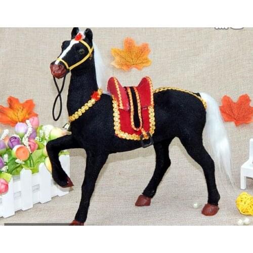 Black horse with saddle polyethylene&furs raise leg up horse large 29x27cm model prop,home decoration Xmas gift w1500
