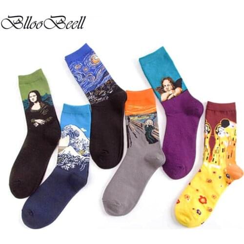 BllooBeell 6 pairs Colorful Mens Socks Cotton Happy Socks Men/Women Dress Crew Socks Casual Couple Retro Oil Painting Socks