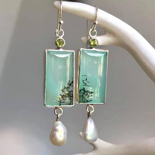 Baroque Pearl Green Stone Enamel Earrings Vintage Drop Dangle Earrings Two Tone Square Pendant White Pearl Delicate Earrings