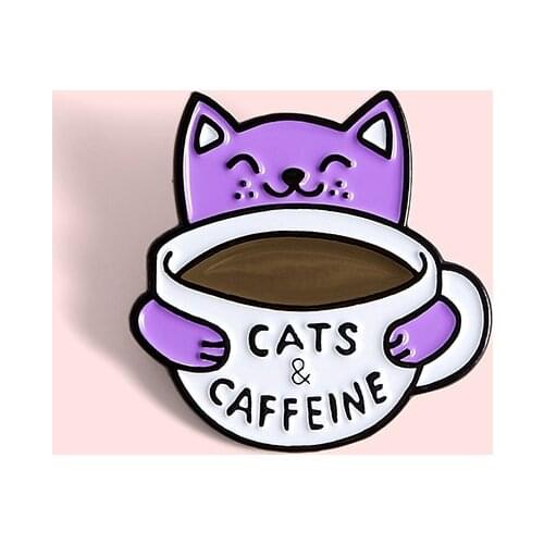 Cat Caffeine Enamel Pin Cartoon Purple Cat Badge Brooch for Bag Lapel pin Animal Jewelry Gift for Friends Kids