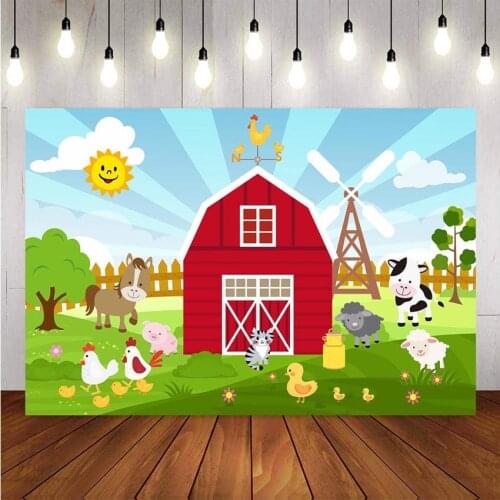 Custom Farm theme photography backdrop Red Barn Barnyard Tractor Balloons Animals Fence Garden photo backgrounds for studio