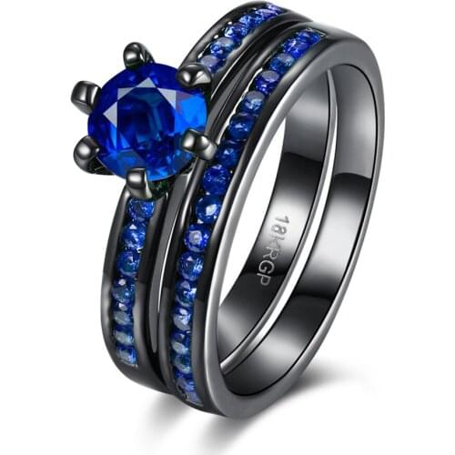 Hot Sale Exquisite Blue Crystal Zircon Ring Black Gold Filled Engagement Wedding Ring Size 6 7 8 PR866-D