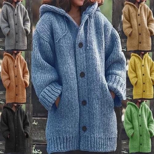 Women Solid Color Pocket Button Hooded Knitted Cardigan Sweater Outerwear Coat Female long Button Down Cardigan Fall 2020 Women