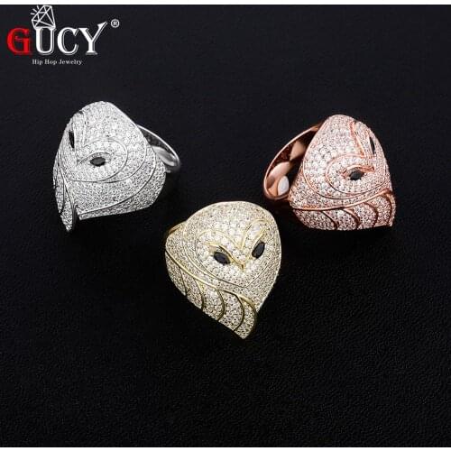GUCY New Animal owl Ring 18 K Copper Charm Gold Color Full Zircon RING Fashion Hip Hop Rock Jewelry Mens For Gift