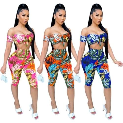 Spring Summer Clothing Two Piece Set Women Print Solid Sexy Sleeves Tube Top+Seven Points Pants Sets Vacation Outfits Streetwear